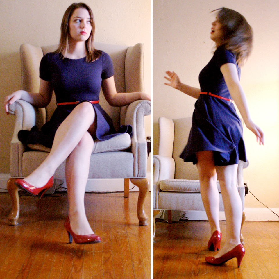 maroon dress and blue shoes