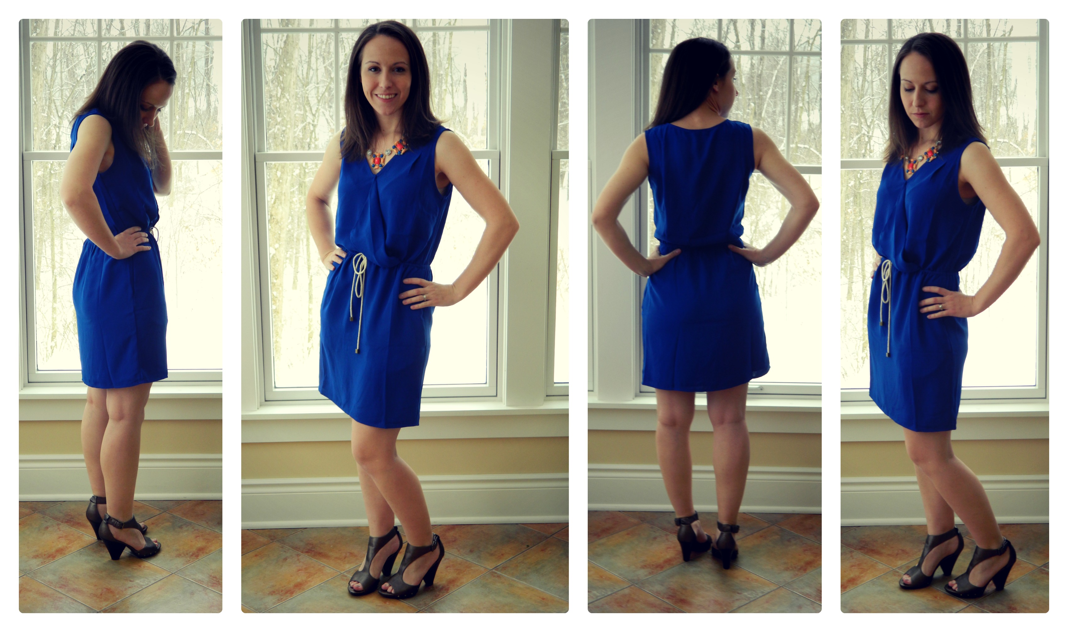navy blue dress and gold shoes