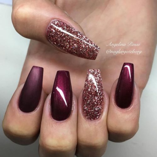 glitters with burgundy nails